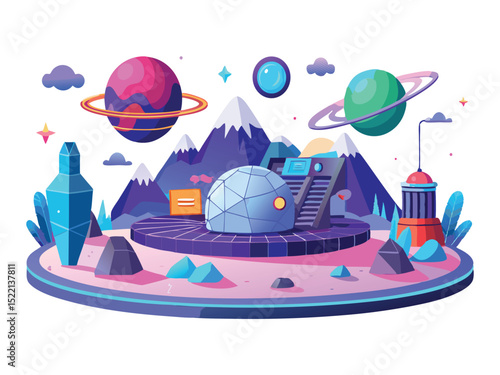 Futuristic space station on alien planet isolated on white background
