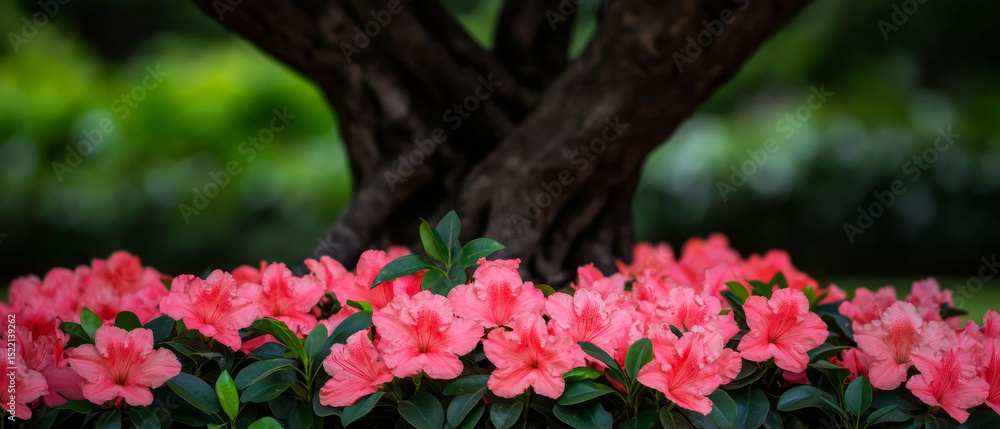 Fototapeta premium Beautiful Azalea Flowers Blossoming Under Tree Branches in a Serene Garden Setting