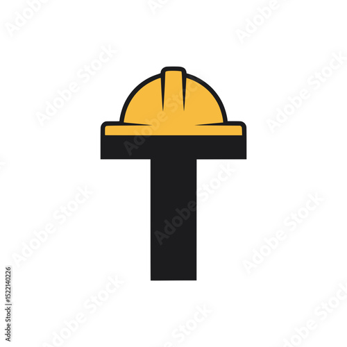 Letter T Logo with Construction Hard Hat, Minimalist logo design of the letter T wearing a yellow safety helmet, ideal for construction, labor, and industrial branding themes.

