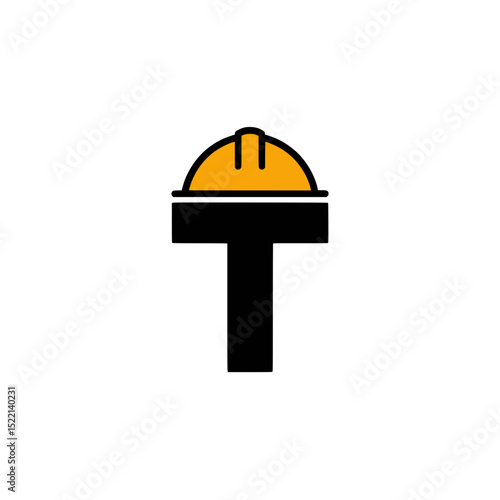 Letter T Logo with Construction Hard Hat, Minimalist logo design of the letter T wearing a yellow safety helmet, ideal for construction, labor, and industrial branding themes.


