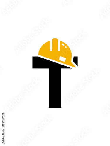 Letter T Logo with Construction Hard Hat, Minimalist logo design of the letter T wearing a yellow safety helmet, ideal for construction, labor, and industrial branding themes.

