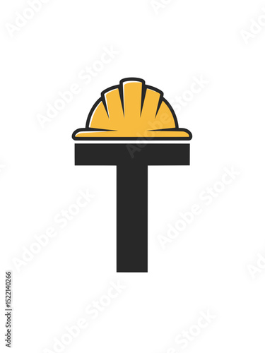Letter T Logo with Construction Hard Hat, Minimalist logo design of the letter T wearing a yellow safety helmet, ideal for construction, labor, and industrial branding themes.

