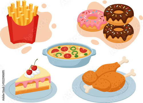A vector illustration set of fast food depicting a french fries, donut, hamburger, sandwich, cake, breakfast, meal, fried chicken and other restaurant menu items