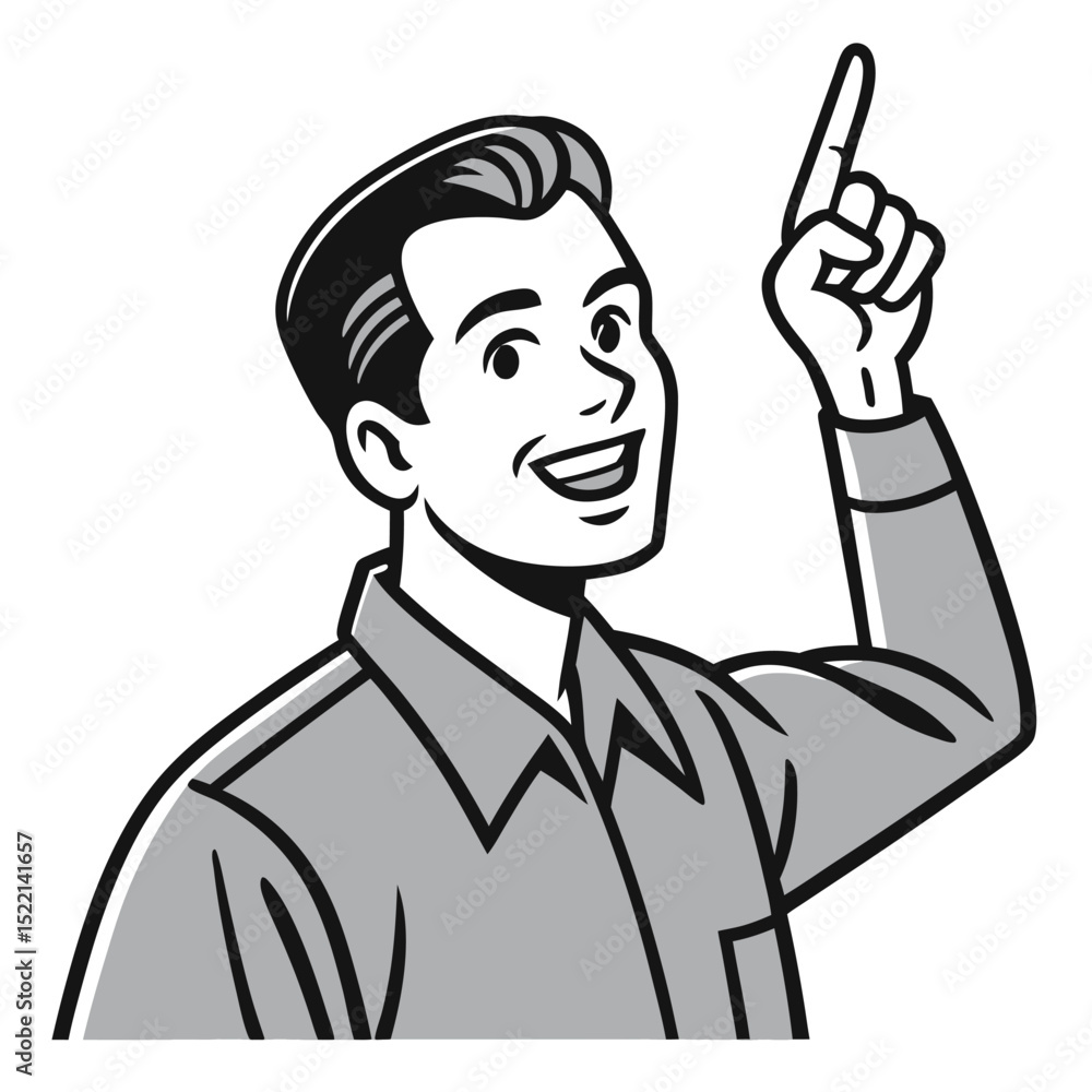 Man Pointing Upward with a Cheerful Expression on His Face Man Pointing Upward with a Cheerful Expression on His Face