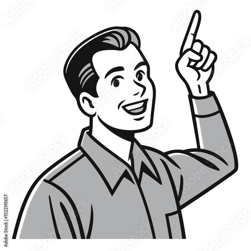 Man Pointing Upward with a Cheerful Expression on His Face
