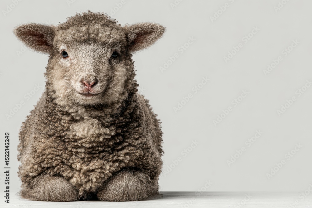 Obraz premium Adorable fluffy lamb sitting studio portrait looking straight at the viewer with copy space