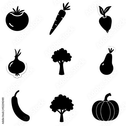 Collection of minimalist white outlined vegetable and fruit icons on a black background