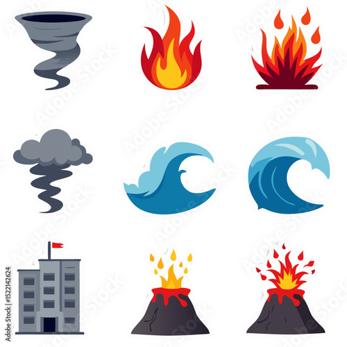 Collection of Natural Disaster Icons: Tornado, Fire, Wave, Volcano on Black Background