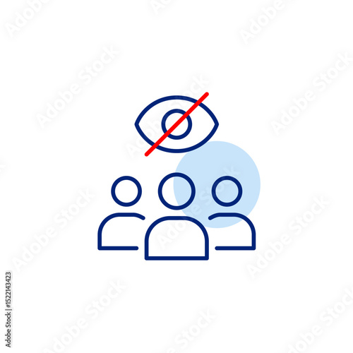 Vector icon of group of people with crossed-out eye, symbolizing hidden community, private group, or restricted visibility. Ideal for social apps, privacy settings, and collaboration platforms