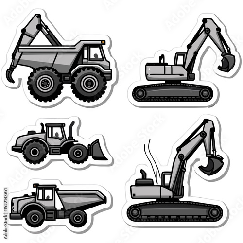 Wallpaper Mural Illustration of construction vehicles, including dump trucks, and excavators on a black background Torontodigital.ca