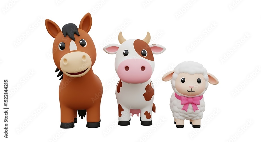 Fototapeta premium Cartoon cow, horse and lamb in 3D