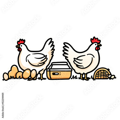 Illustration of two chickens with eggs and a container on a black background design