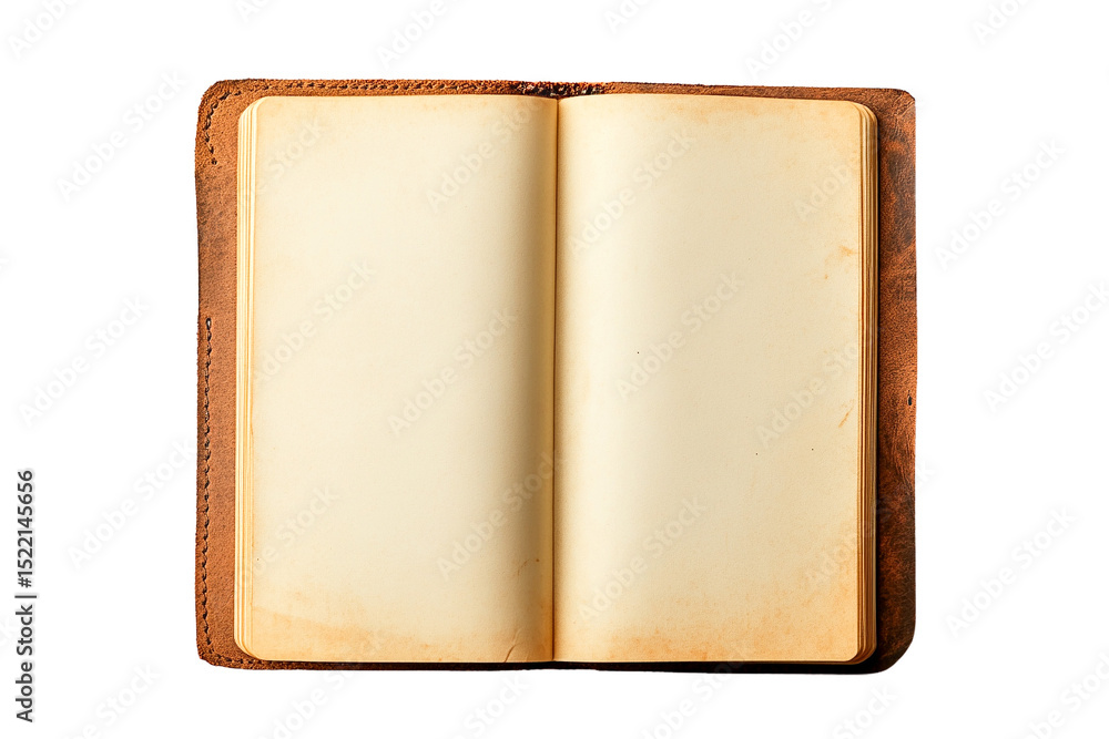 Fototapeta premium Open antique leather journal with blank pages isolated on transparent PNG