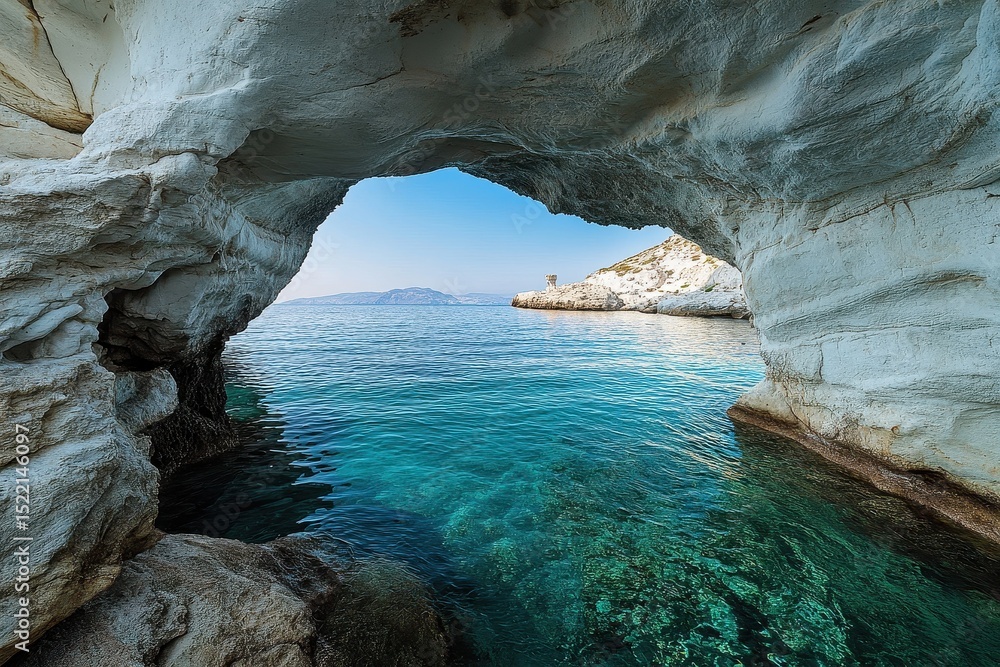 Fototapeta premium Stunning cave view along the sea coast at Milos island in Greece under clear blue skies, Sea coast cave on Milos island shore, Greece, Mediterranean sea