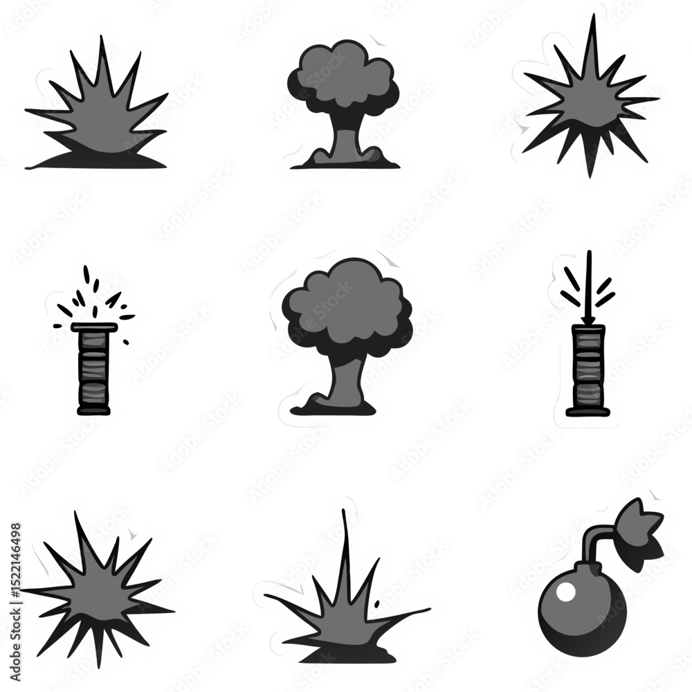 Fototapeta premium Stylized explosions and bomb icons against a black background in a graphic design