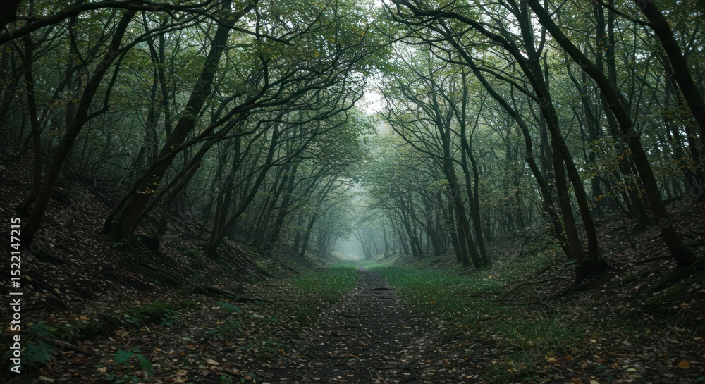 Naklejka premium Mysterious Forest Path Leading Into Ethereal Fog on a Dim and Tranquil Day
