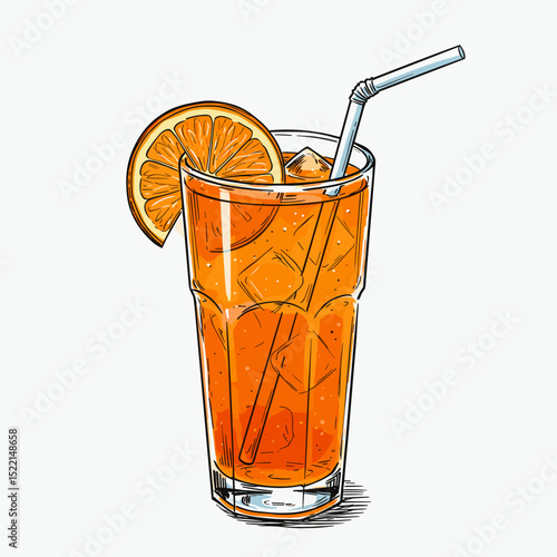 Fresh orange juice in a tall glass with ice and straw  