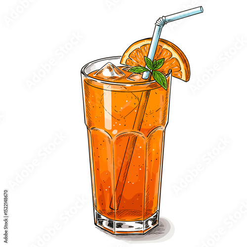 Refreshing orange drink with ice and mint served in a glass  