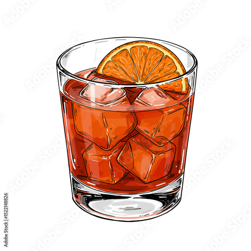 Glass of cocktail with ice cubes and orange slice on top  