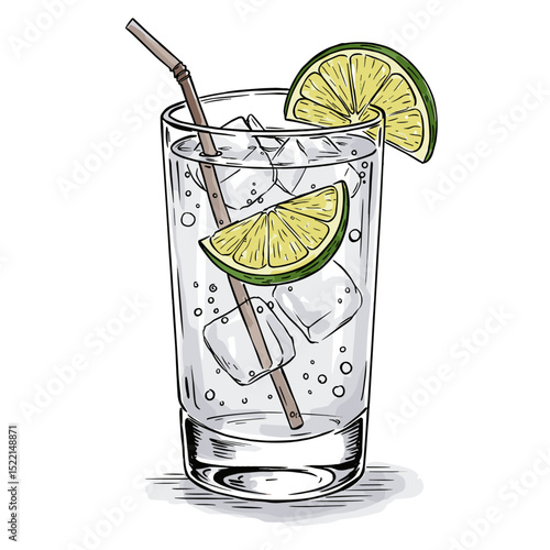 Fresh lime beverage with ice in glass and straw on white background  