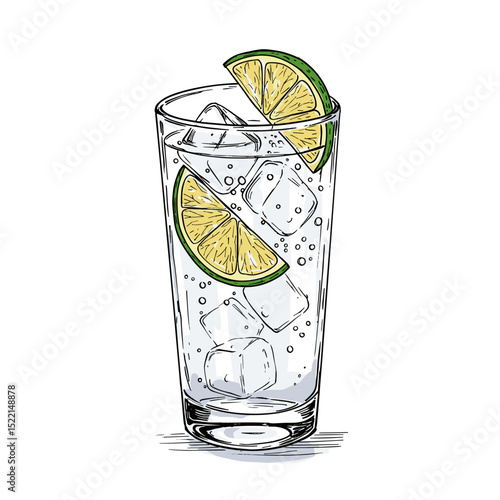 Refreshing beverage with ice and lemon slices in a tall glass  
