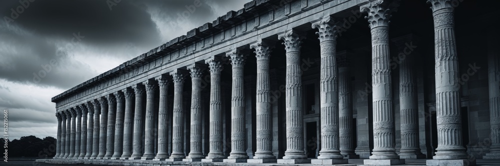A striking black and white image of a grand classical building with tall columns. A striking black and white image of a grand classical building with tall columns.