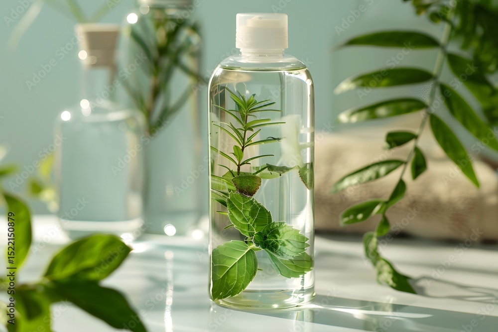 transparent shampoo bottle with fresh botanical ingredients inside, clean spa background
transparent shampoo bottle with fresh botanical ingredients inside, clean spa background