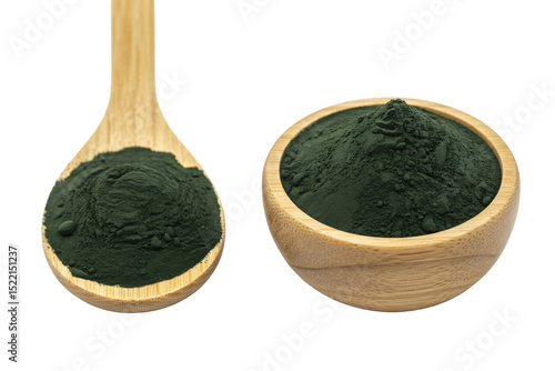Spirulina powder in wooden spoon and bowl superfood supplement healthy diet nutrition detox green algae food 100