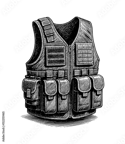 Detailed Tactical Vest with Pockets and Pouches in Black and White Engraving Style