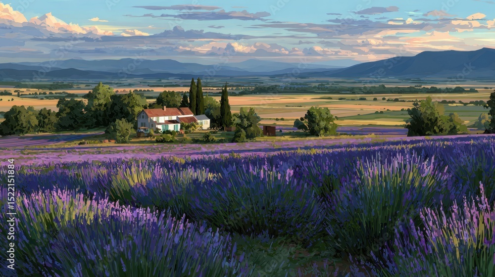 Fototapeta premium Serene Lavender Fields Under a Bright Blue Sky at Dusk