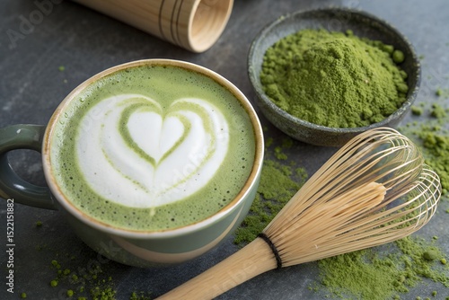 Matcha latte with heart design and matcha powder