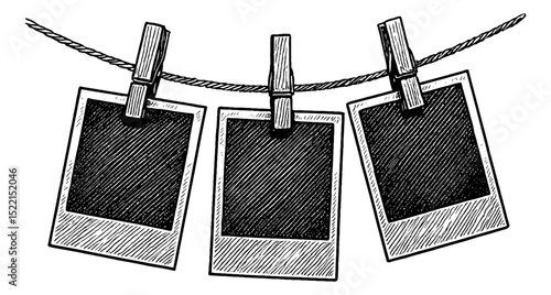 Illustration of three polaroid photographs hanging from a rope with clothespins