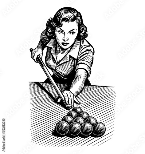 Intense Caucasian Woman Aiming Cue Stick at Pool Balls on Billiards Table in Engraving Style