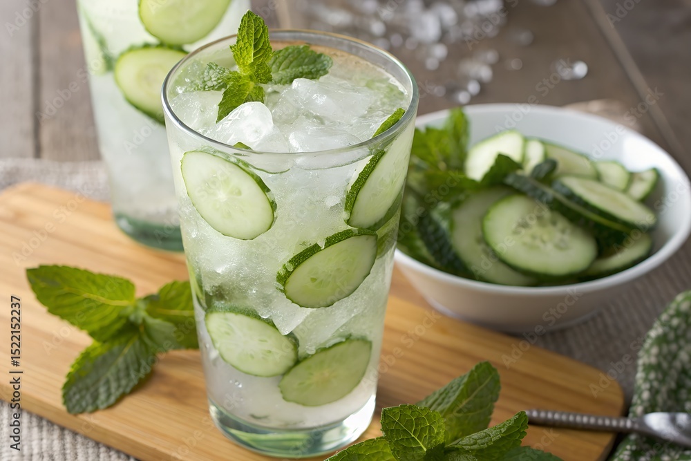 Fototapeta premium Refreshing cucumber mint iced drink recipe