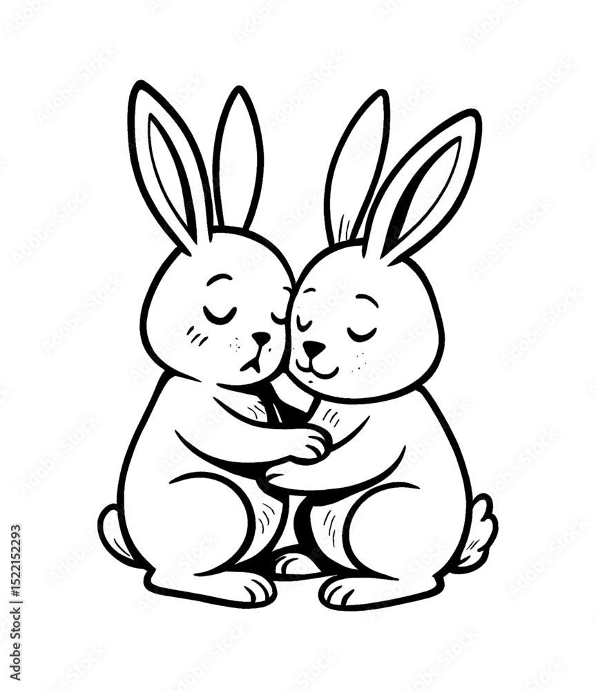 Fototapeta premium Two Cute Rabbits Hugging Each Other with Eyes Closed, Expressing Love and Affection, in Black and White Line Art