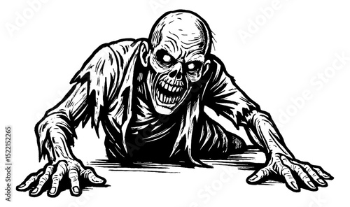 Creepy Crawling Zombie with a Terrified Expression and Decay Look Illustration in Black and White