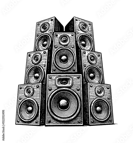 Illustration of Stacked Speakers in Detailed Black and White Engraving Style isolated on White