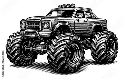 Detailed Engraving of a Monster Truck with Oversized Tires in Black and White