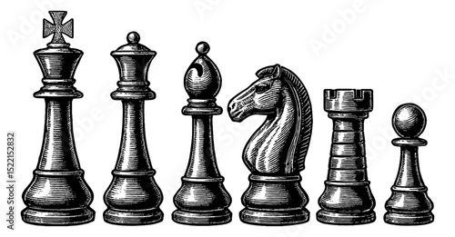 Engraved chess pieces, king, queen, bishop, knight, rook, pawn in a row. Game strategy