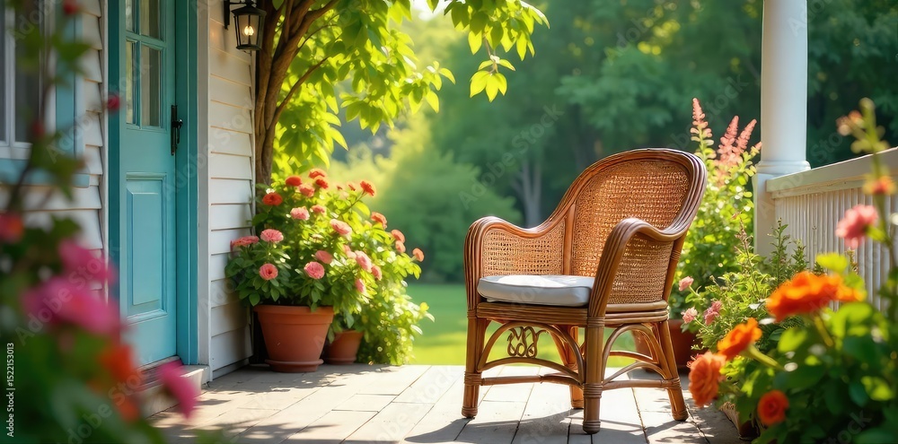 Obraz premium A rustic cane chair sits on a sun-drenched porch, surrounded by vibrant summer flowers and lush greenery Perfect for summer vibes and relaxation imagery , summer scene, tranquil