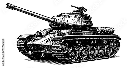 Detailed Black and White Engraving of a Military Tank with Prominent Cannon