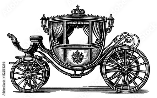 Ornate royal carriage illustration with crown in black and white vintage engraving style.