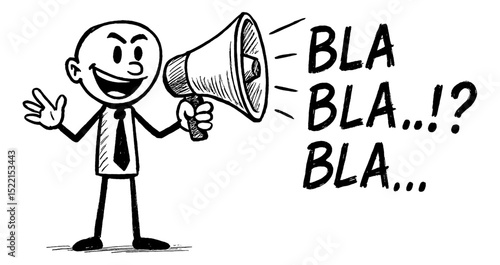 Cartoon stick figure speaks into megaphone with text in line art drawing style