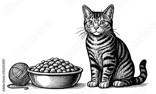 Engraved Illustration of Striped Cat Sitting Next to Bowl of Food and Yarn Ball