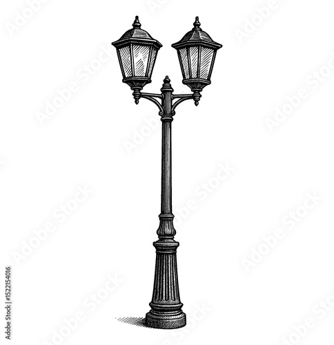 Ornate Streetlight with Two Lamps in Detailed Engraving Style Isolated on White