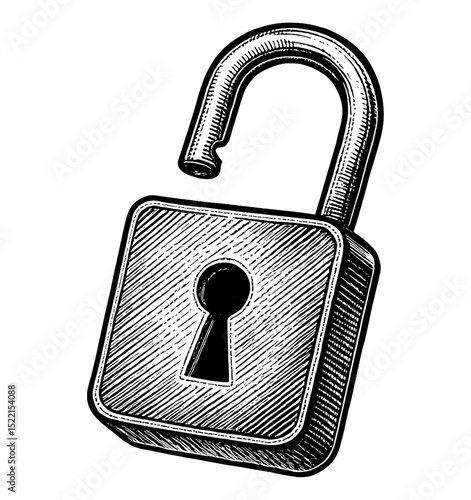 Engraved illustration of an unlocked padlock with detailed hatching isolated on white background