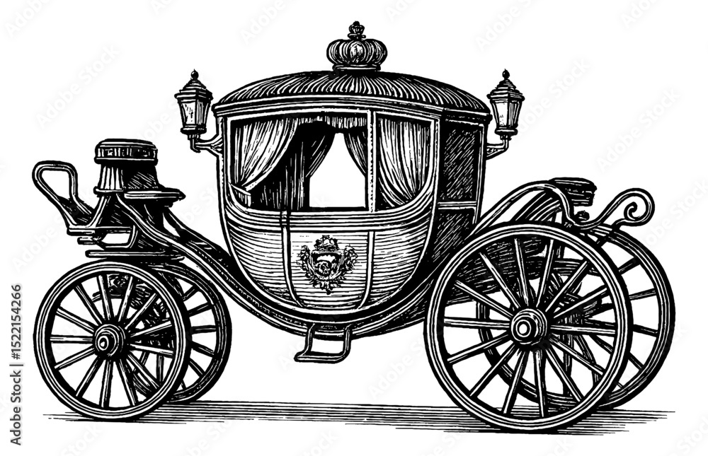 Fototapeta premium Elegant Horse-Drawn Carriage with Intricate Details in Black and White Engraving Style
