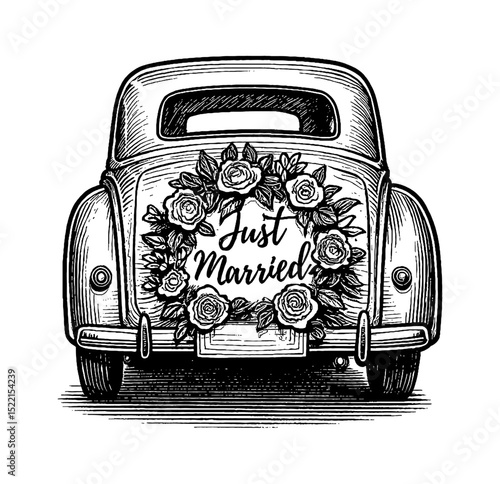 Vintage Car Decorated with Flowers and Just Married Sign in Engraved Style