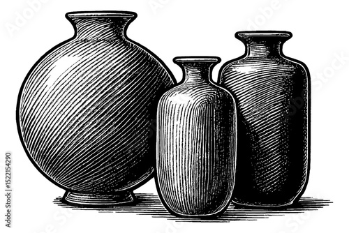 Three Vases of Different Shapes and Sizes in a Detailed Black and White Engraving Art