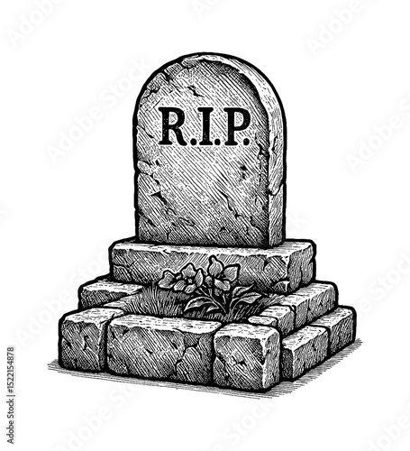 Engraved illustration of gravestone with flowers. Black and white drawing of death
